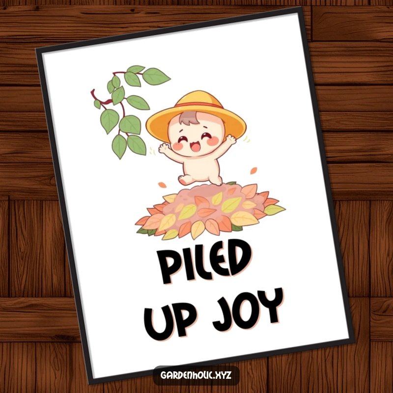 Funny poster illustrating a joyful character in a sun hat mid-bounce on a luxurious pile of vibrant autumn leaves.