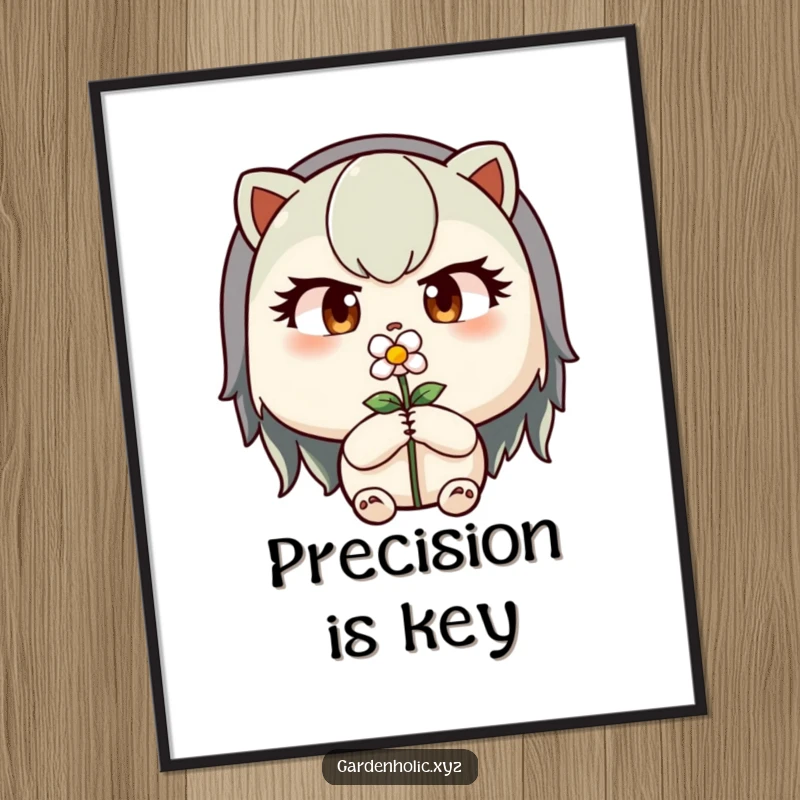 Funny poster of a determined character with focused eyes carefully pruning a tiny flower, celebrating meticulous care.