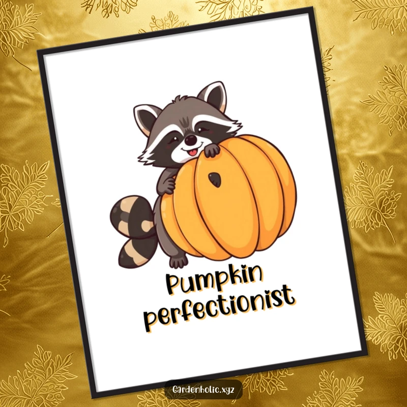Funny raccoon poster of a giggling raccoon attempting to balance a huge pumpkin, perfect for adding humorous autumn vibes to decor.