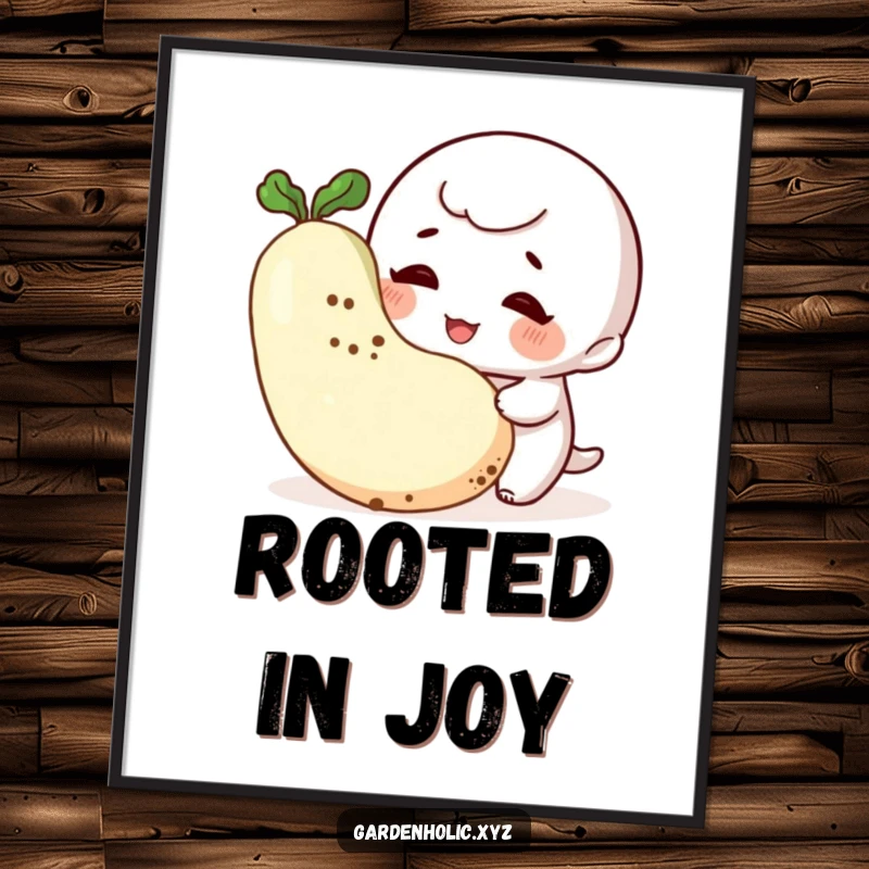 Funny Gardener Poster: A giggling character with dirt smudges admires a plump vegetable, bringing playful garden humor to wall decor.