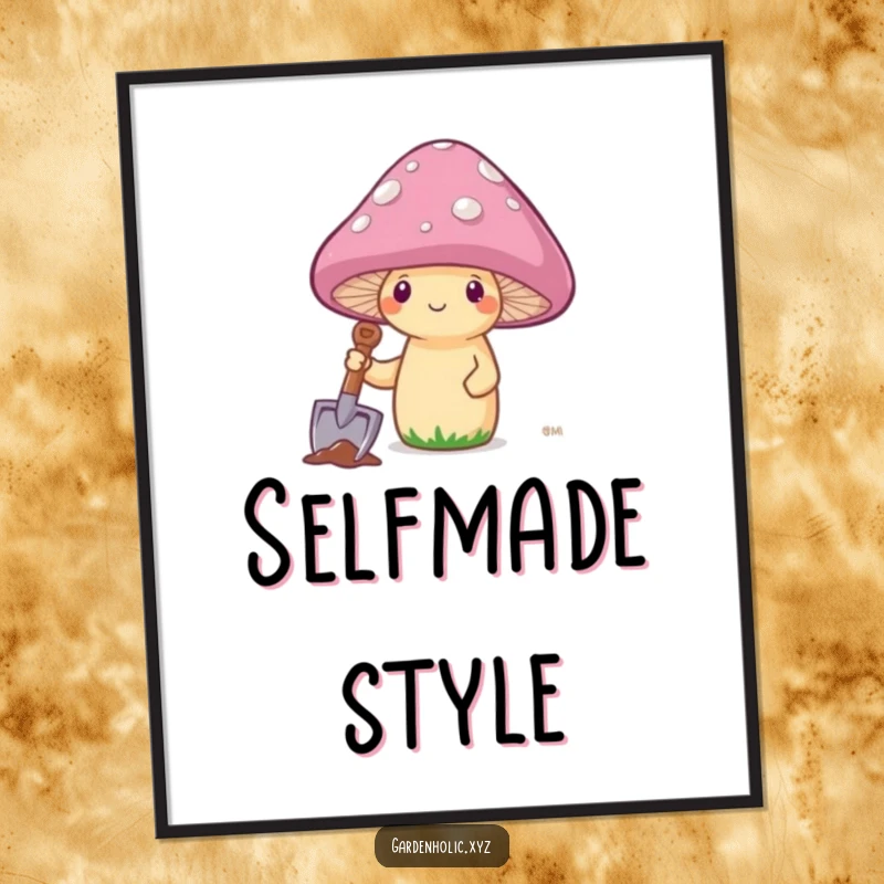 Funny mushroom struggling to plant its own cap with a shovel, displayed as a humorous poster for wall decor.