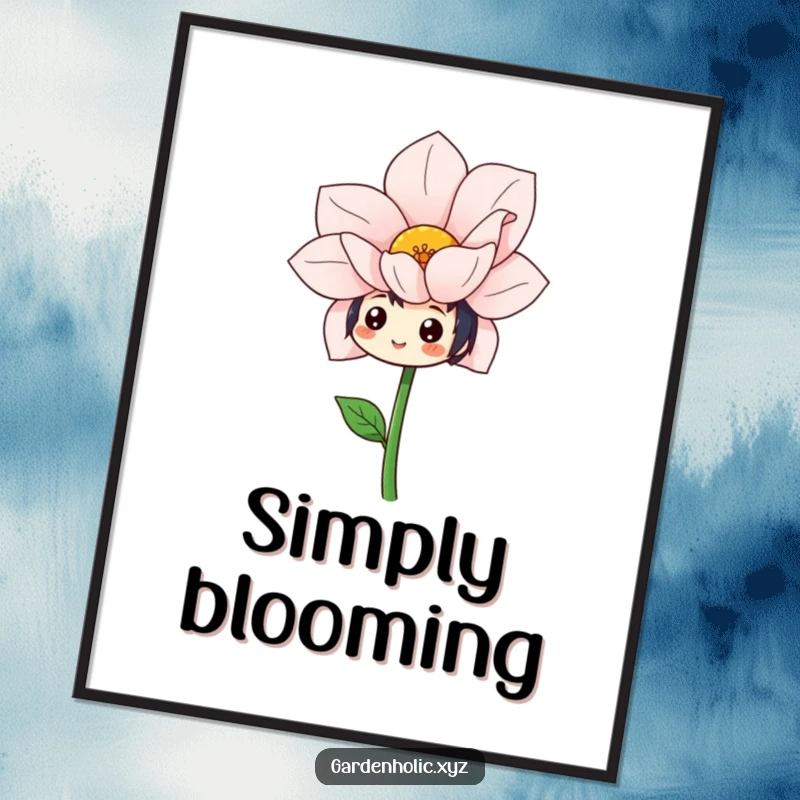 Funny poster art of a character with a cheerful grin admiring a massive, newly opened flower.