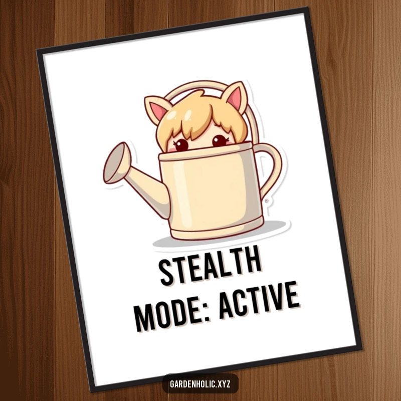 Funny poster of a mischievous character playfully hiding behind a comically large watering can in a garden setting.