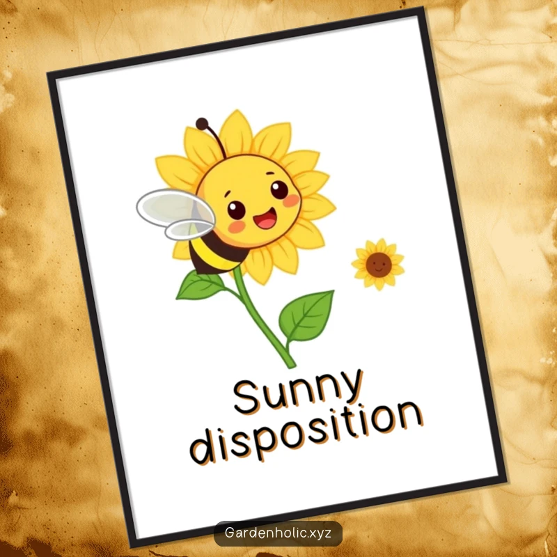 Funny bee flying towards a smiling sunflower, capturing garden joy on a beautiful poster.