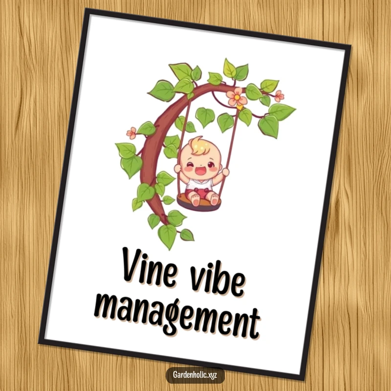 Funny adventure poster of a happy character sliding down a vine like a playful swing, a perfect funny gift.