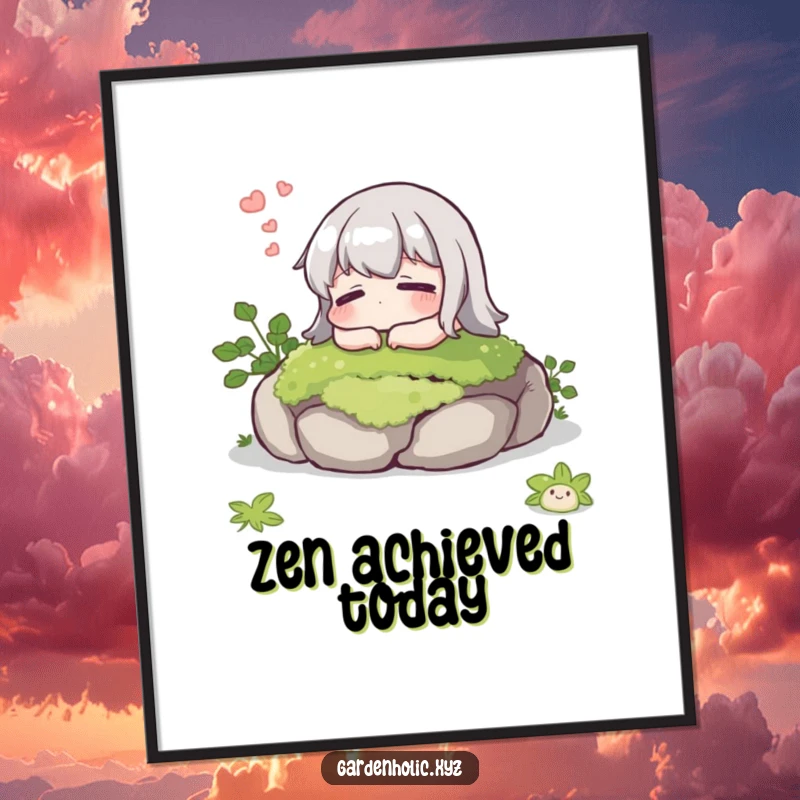 Funny poster art of a character sighing contentedly on a mossy stone, creating a humorous and tranquil atmosphere on the wall.