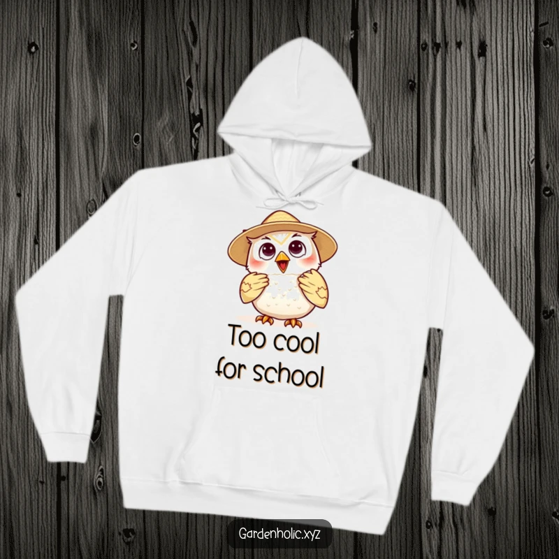 Funny owl hoodie, a relaxed character in a straw hat, fanning itself serenely, perfect for chilly evenings and warm vibes.
