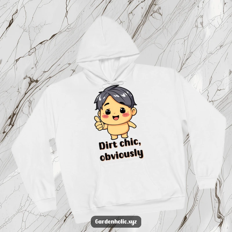 Funny hoodie featuring a character with a dirt smudge, cheerfully giving a thumbs up, perfect for earthy souls.