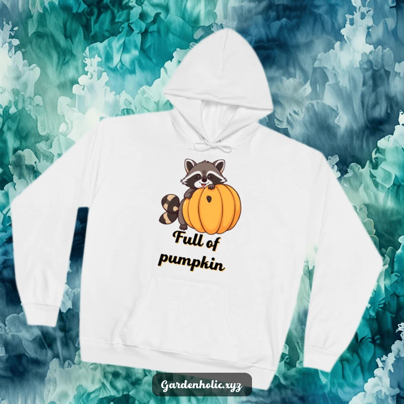 Funny raccoon hoodie featuring a giggling raccoon trying to balance a huge pumpkin, perfect for cozy fall days and lovers of woodland creatures.