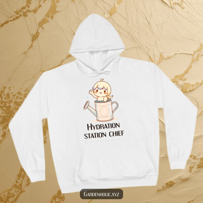 Funny hoodie with a cute character on a watering can, waving cheerfully, offering cozy garden-themed humor.