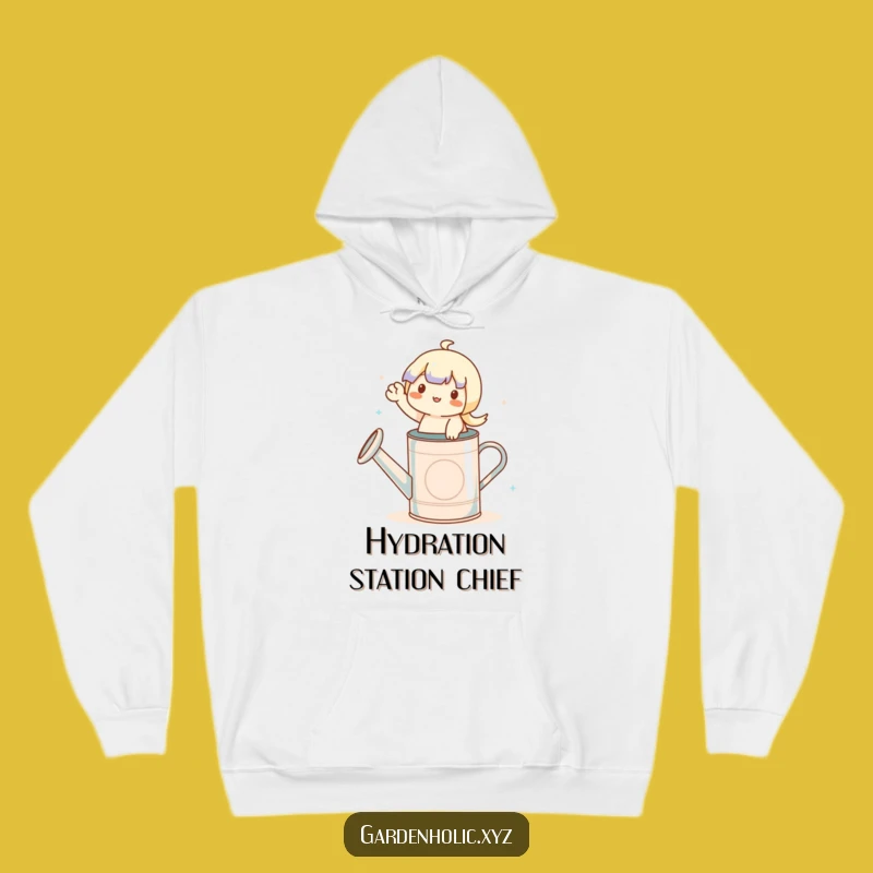 Funny Cozy Gardener Hoodie: Waving Character on Watering Can, Warm Gift!