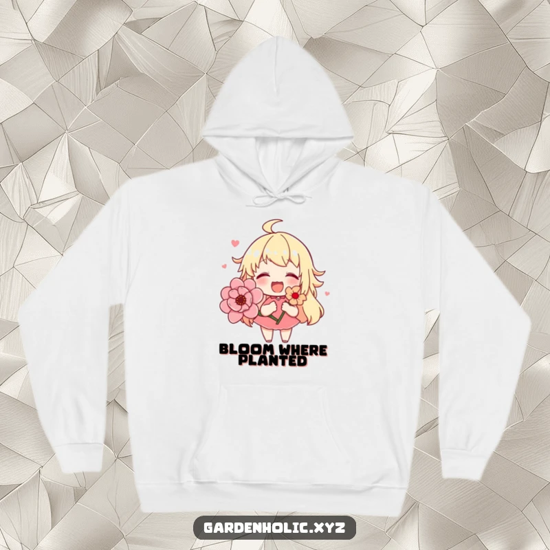 Funny hoodie showing a cute character delighted by a lush blooming flower, offering comfort and a touch of whimsical charm.
