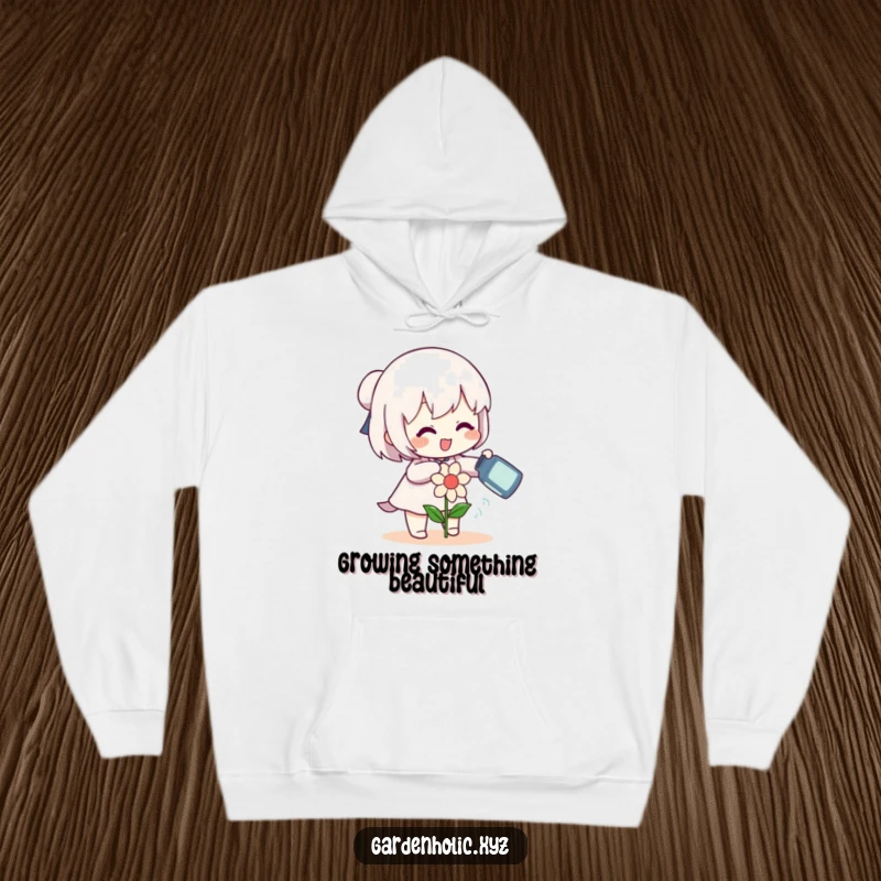 Funny character gleefully watering a small, smiling flower with a can on a hoodie, offering cozy comfort and cheerful vibes, a wonderful funny gift.
