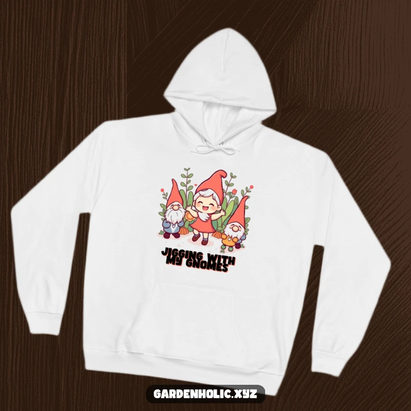 Funny joyful character dancing with garden gnomes, depicted on a soft hoodie, offering warmth and cheerful amusement, a cozy funny gift.