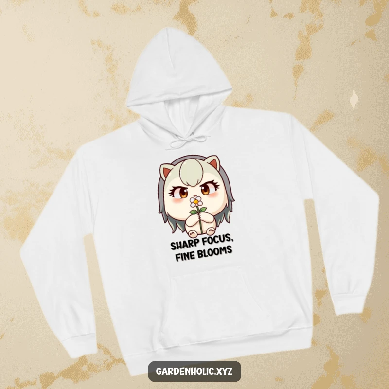 Funny hoodie depicting a determined character with focused eyes carefully pruning a tiny flower with precision.