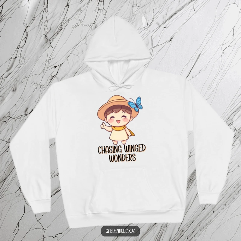 Funny Sun Hat Character Hoodie: A charming character in a sun hat waves hello with a big smile to a beautiful butterfly.