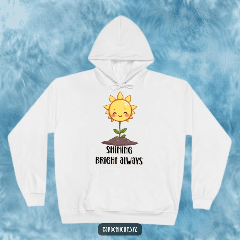 Funny hoodie with a smiling sun character shining warmly on a plant, offering cozy cheer and humorous garden vibes.
