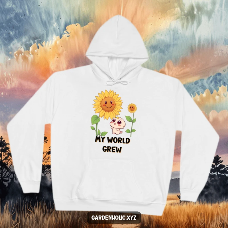 Funny hoodie depicting a wide-eyed, surprised character staring up at a big, smiling sunflower, an amusing outdoor adventure theme.