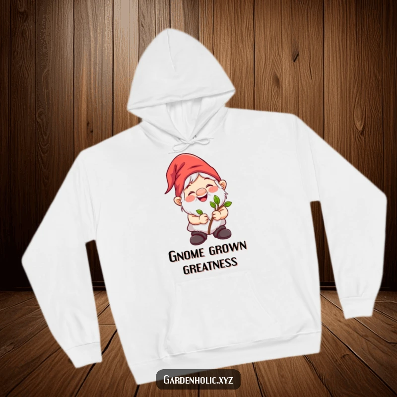 Funny gnome character gleefully holding a sapling, cozying up in a warm hoodie. Ideal humorous present.