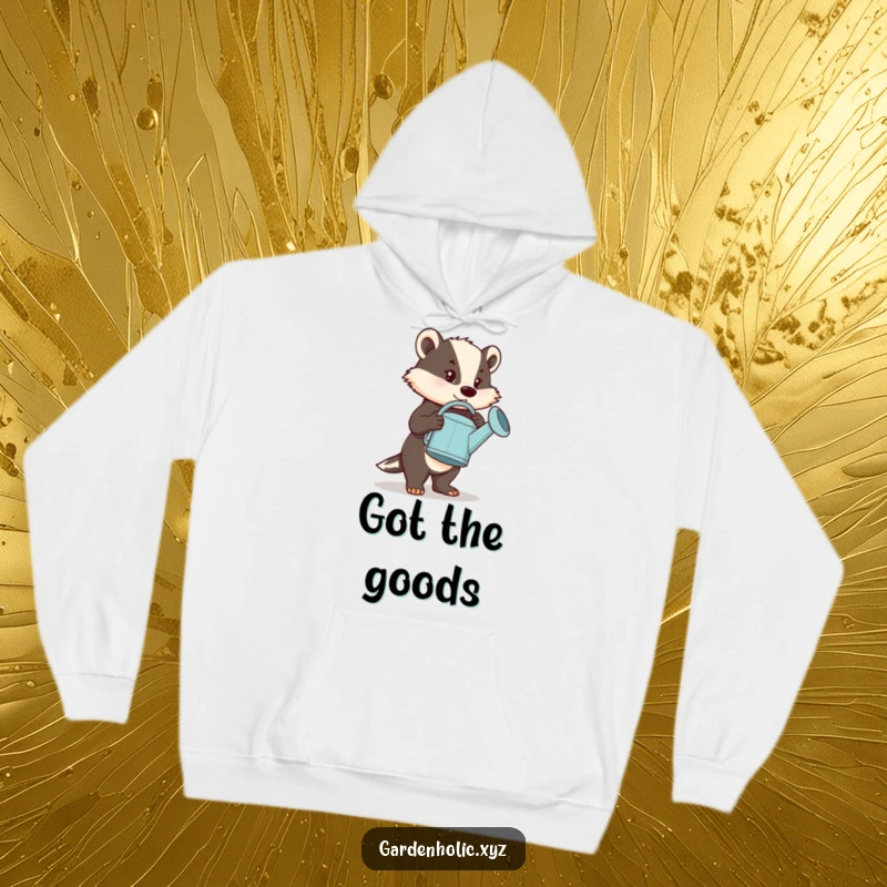 Funny Hoodie: A strong badger carrying a comically huge watering can, embodying determination and humor for cozy wear.