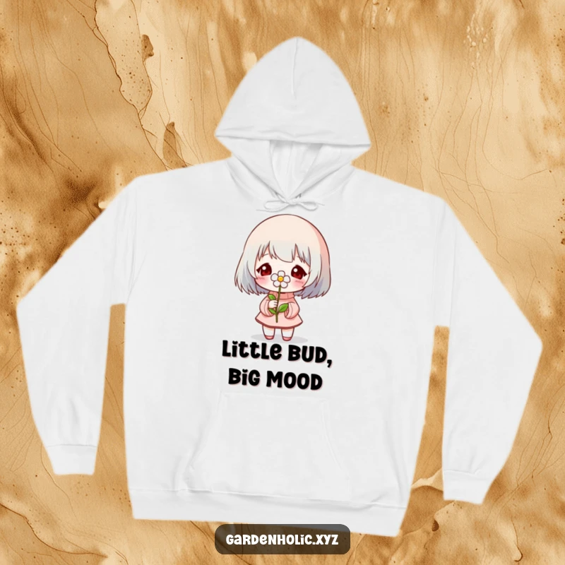 Funny Hoodie: A heartwarming character proudly displaying a small, beautiful flower, representing new beginnings and joy.