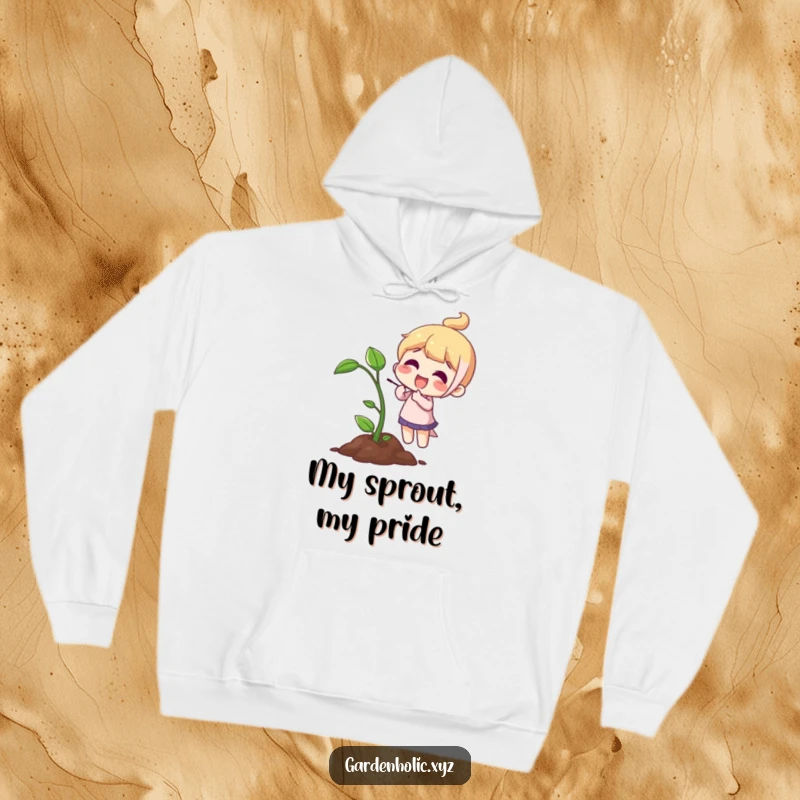 Funny Hoodie: A character animatedly points to a tiny sprout, radiating excitement about growth and potential.