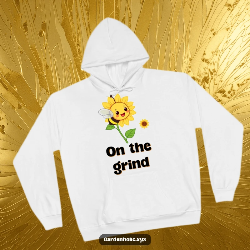 Funny bee flying towards a smiling sunflower, radiating warmth on a soft, cozy hoodie.