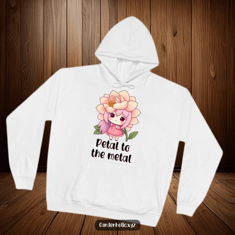 Funny hoodie with a cheerful character admiring a large, blooming flower, offering warmth and humorous appreciation for nature.