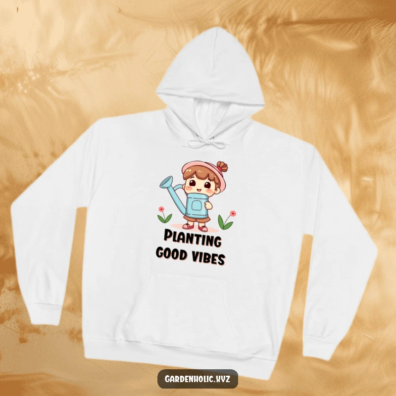 Funny Hoodie with a smiling character holding a giant watering can, perfect for cozy gardening sessions.