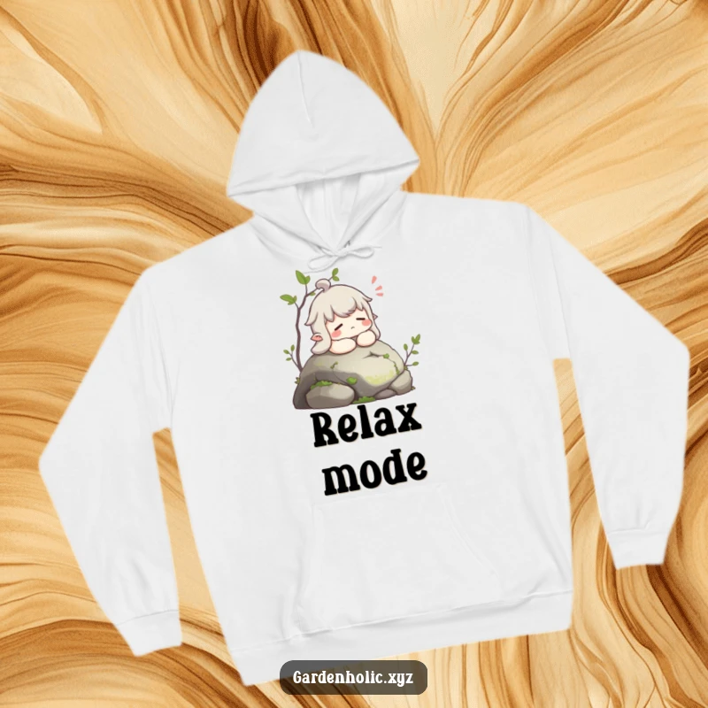 Funny hoodie depicting a character in deep relaxation, sighing contentedly on a soft, mossy stone.