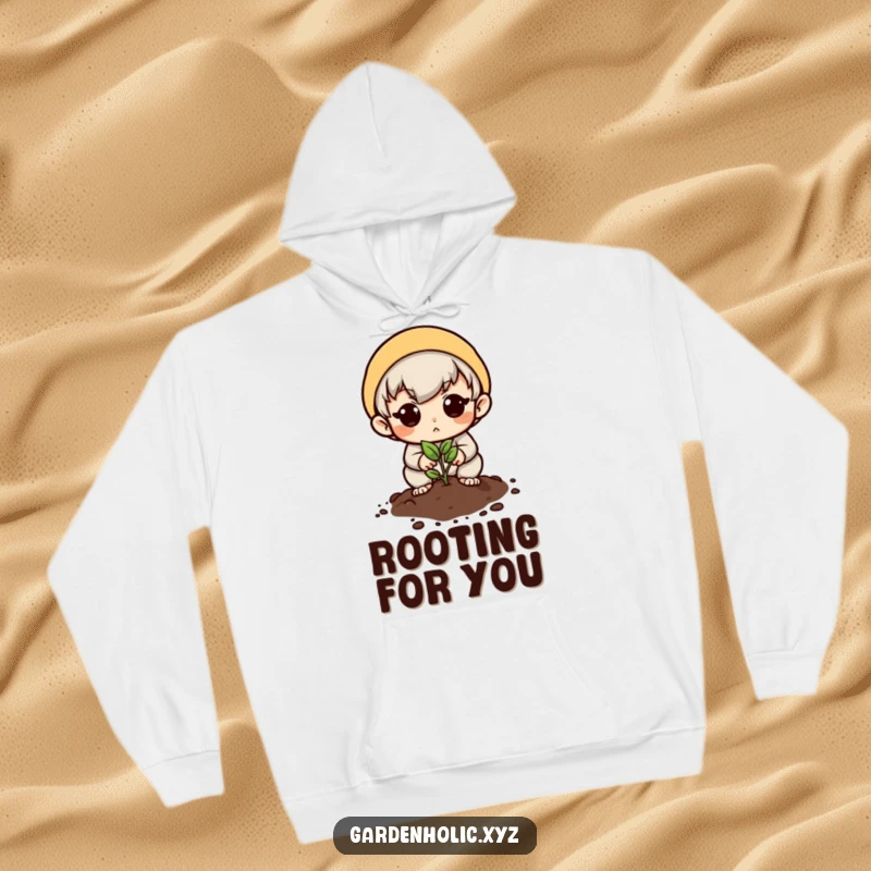 Funny hoodie featuring a determined character planting a tiny seed with hope, providing warm and humorous garden vibes.