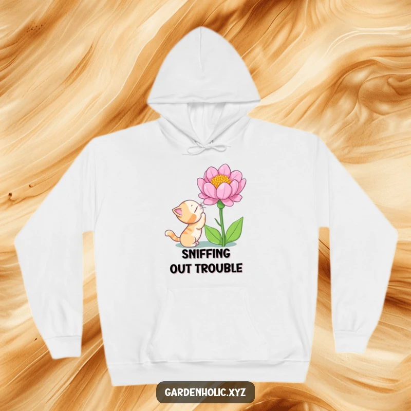 Funny cat hoodie with a curious cat sniffing a giant blooming flower with wonder, perfect for cozy days and cat lovers.