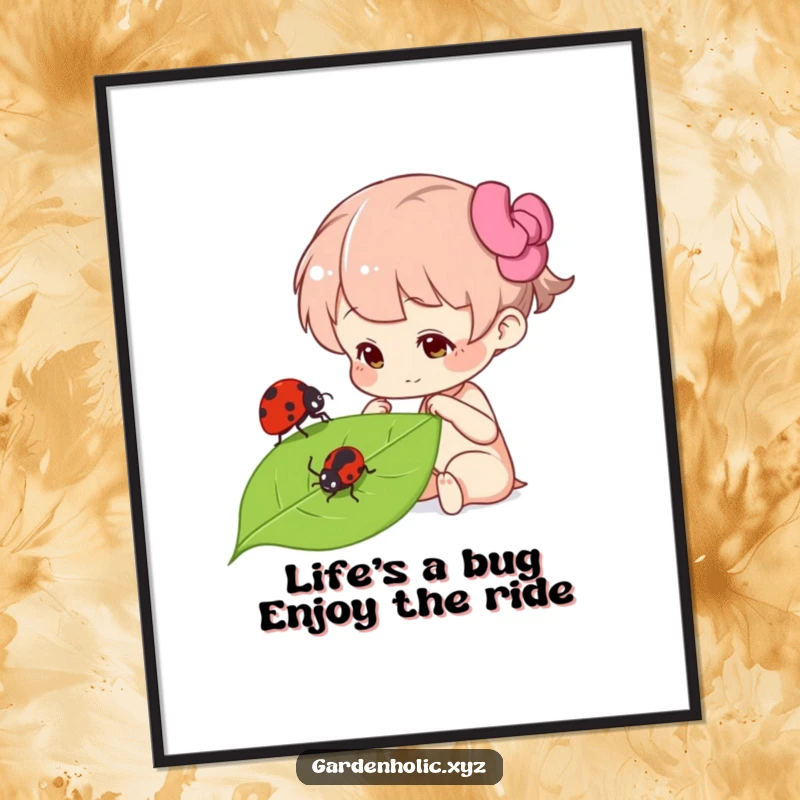 Funny Free Printable wall art of a character curiously examining a ladybug on a vibrant green leaf.