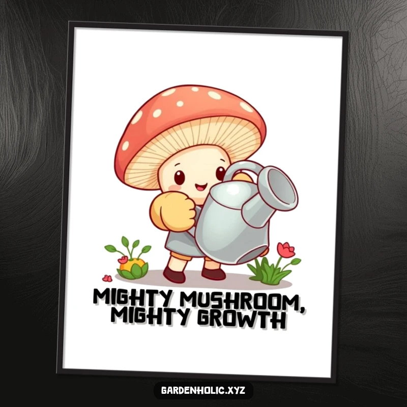 Funny Free Printable Wall Art: Tiny mushroom in oversized gardening gloves straining to lift a giant watering can, a symbol of determination.