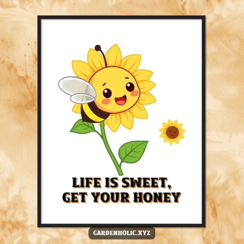Funny Free Printable Wall Art: A cheerful bee happily flies towards a smiling sunflower, bringing sunny vibes.
