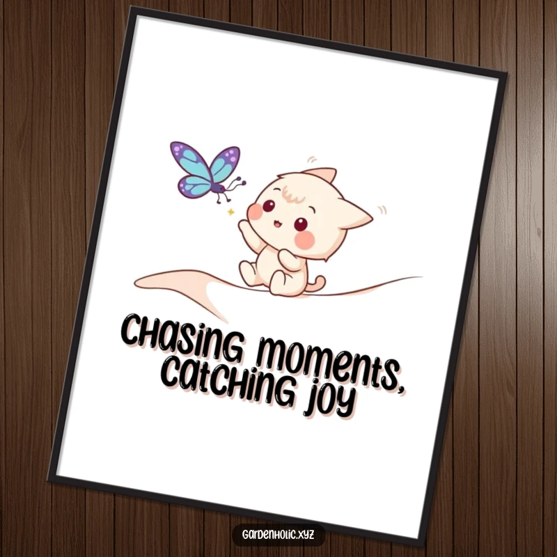 Funny Free Printable Wall Art: Playful character reaching for a fluttering butterfly, capturing a moment of gentle pursuit.