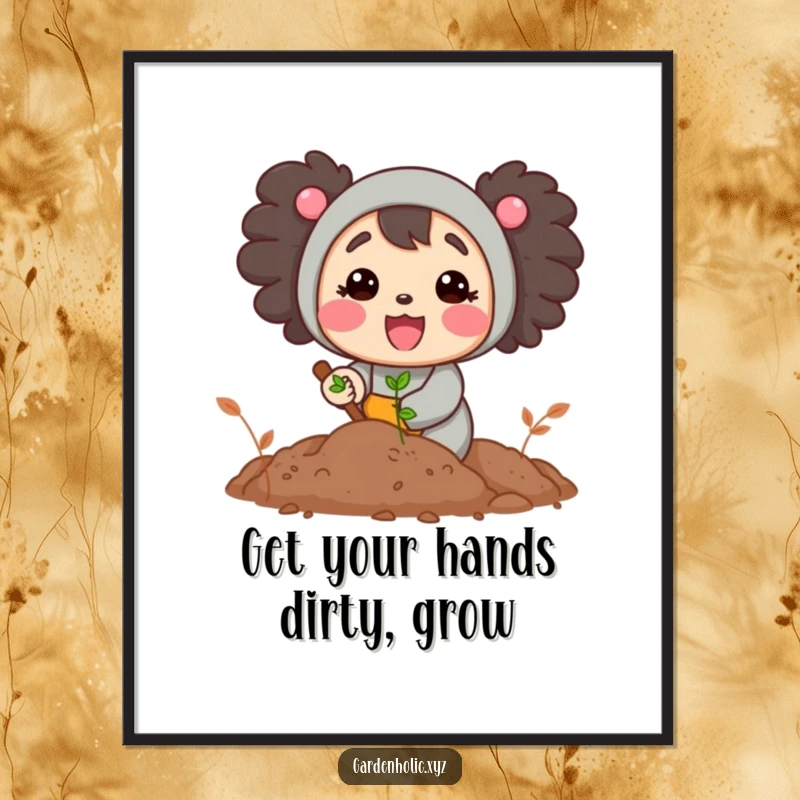 Funny free printable wall art of a cheerful character digging with gusto in rich soil, symbolizing effort.