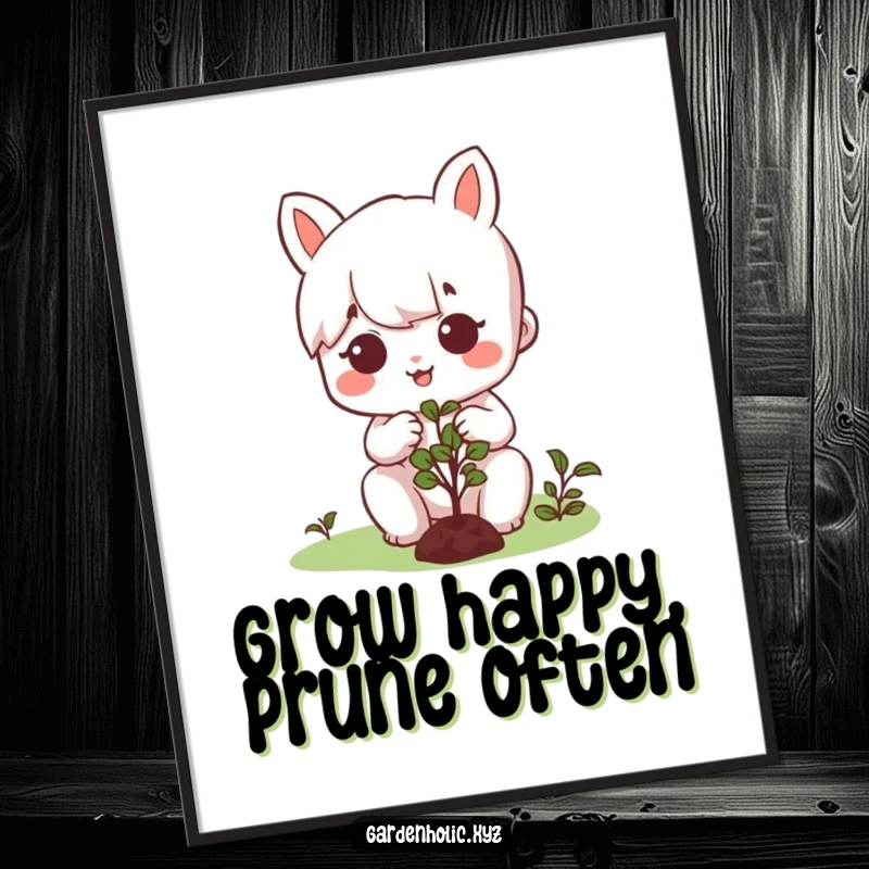 Funny Free Printable Wall Art: A character with a happy, concentrated expression meticulously pruning a tiny, well-shaped bush.