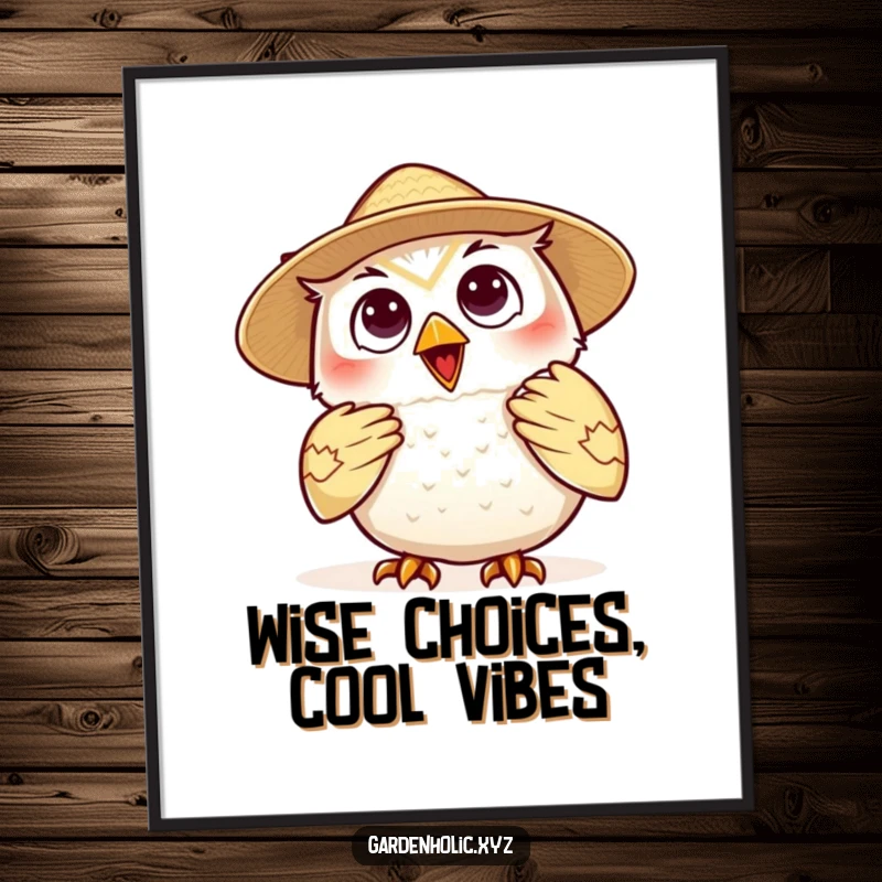 Funny Free Printable Wall Art: Delighted owl in a straw hat, fanning itself, embodying cool sophistication.
