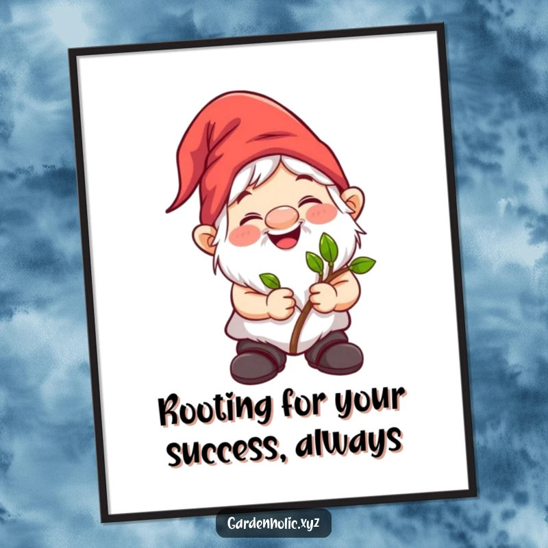 Funny Free Printable Wall Art: A smiling gnome character with glee holds a tiny sapling, ready to plant happiness.