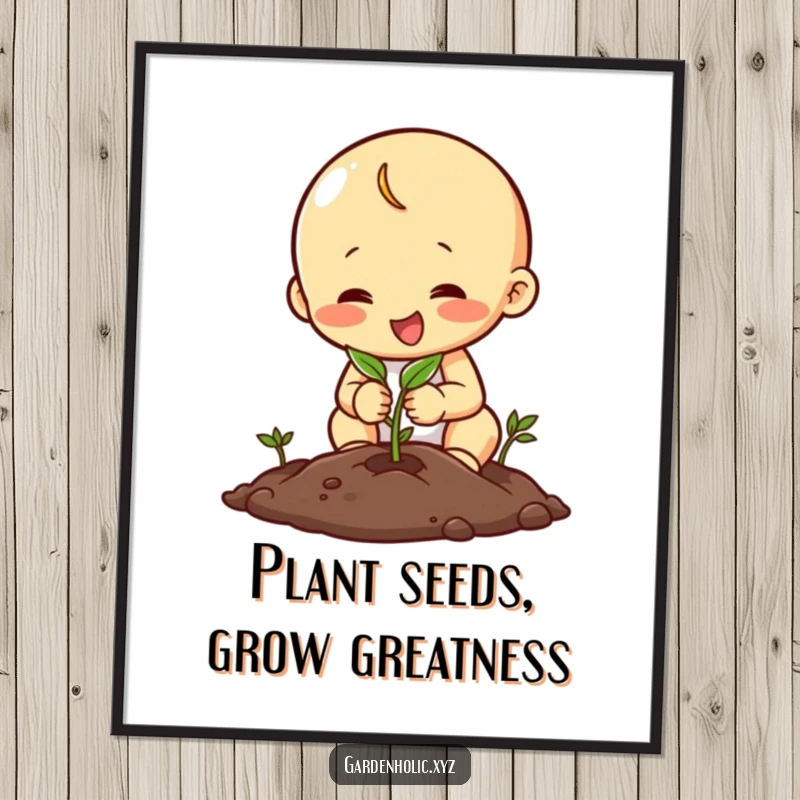 Funny free printable wall art of a happy character diligently planting a seed with intense focus and effort.