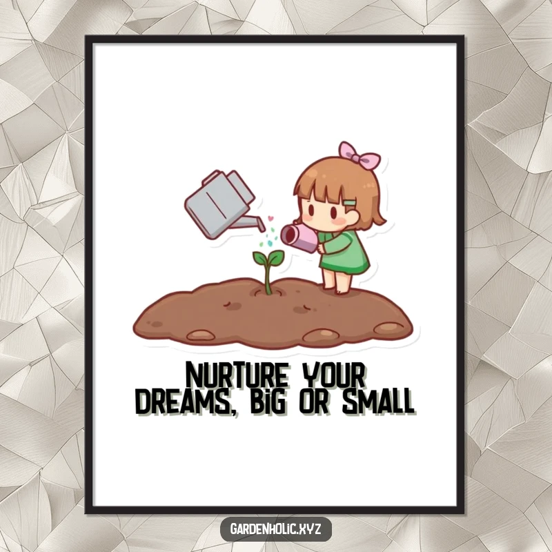 Funny free printable wall art of a small character carefully watering a tiny sprout, symbolizing growth and care.