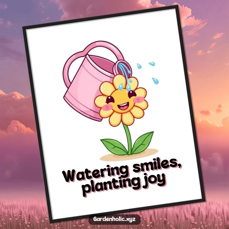 Funny Free Printable Wall Art: A cute watering can showering a smiling, blossoming flower with gentle water droplets, serene and lovely.