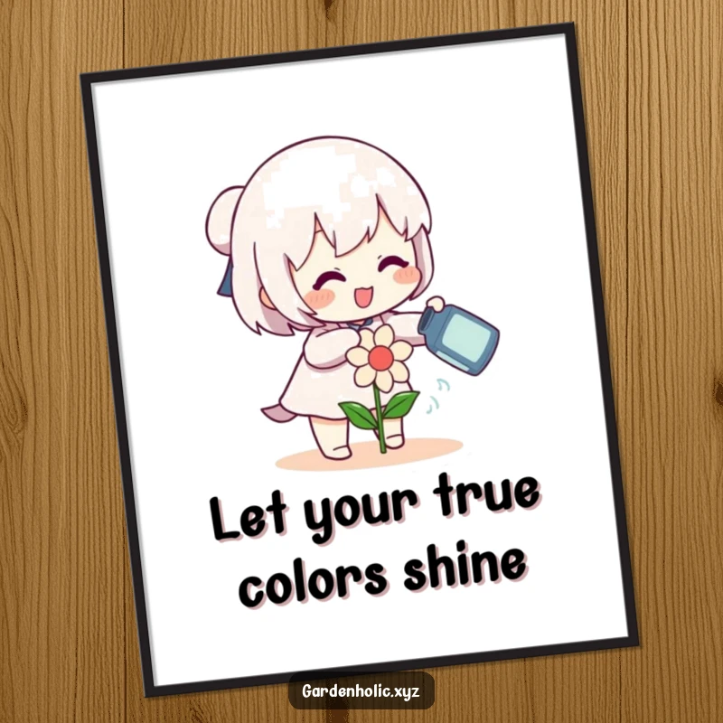 Funny Free Printable character gleefully watering a small smiling flower, cute downloadable wall art.