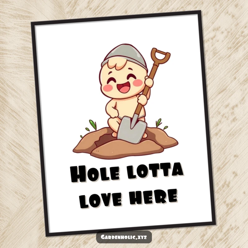 Funny Free Printable Wall Art: Beaming character with a spade, digging a perfect hole with great enthusiasm.