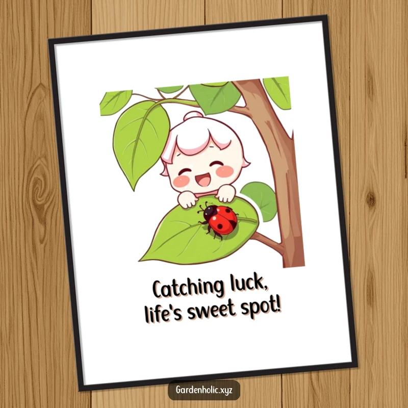 Funny Free Printable Wall Art: Joyful character with rosy cheeks catching a ladybug on its leaf.