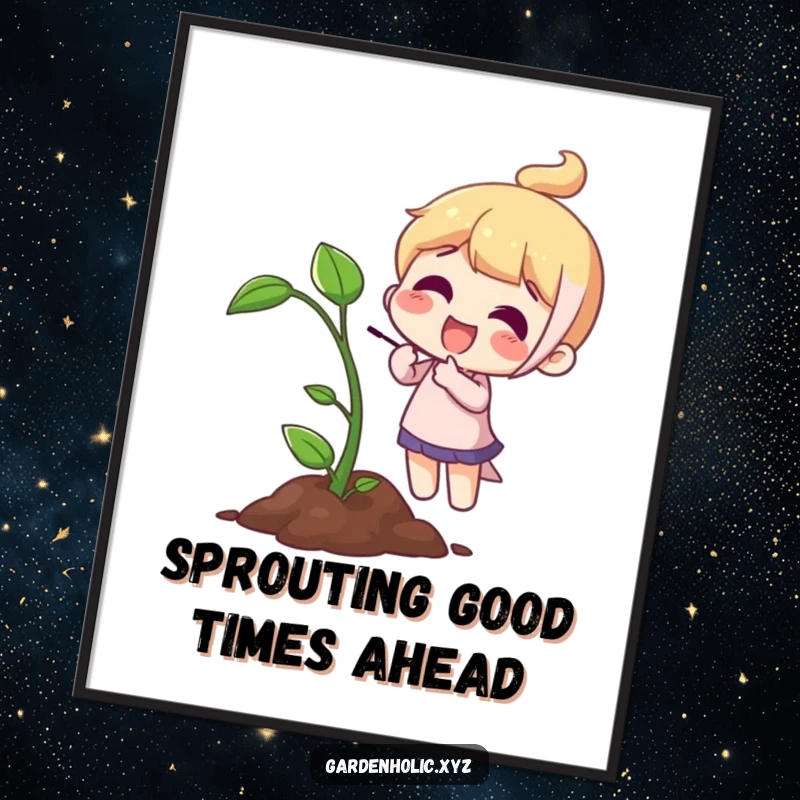 Funny Free Printable Wall Art: A character joyfully points at a vibrant, growing sprout, symbolizing optimism and new beginnings.