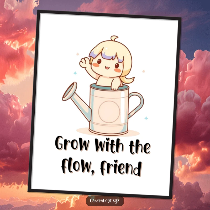 Funny Free Printable Wall Art: Character sitting on a watering can, waving with a big smile.