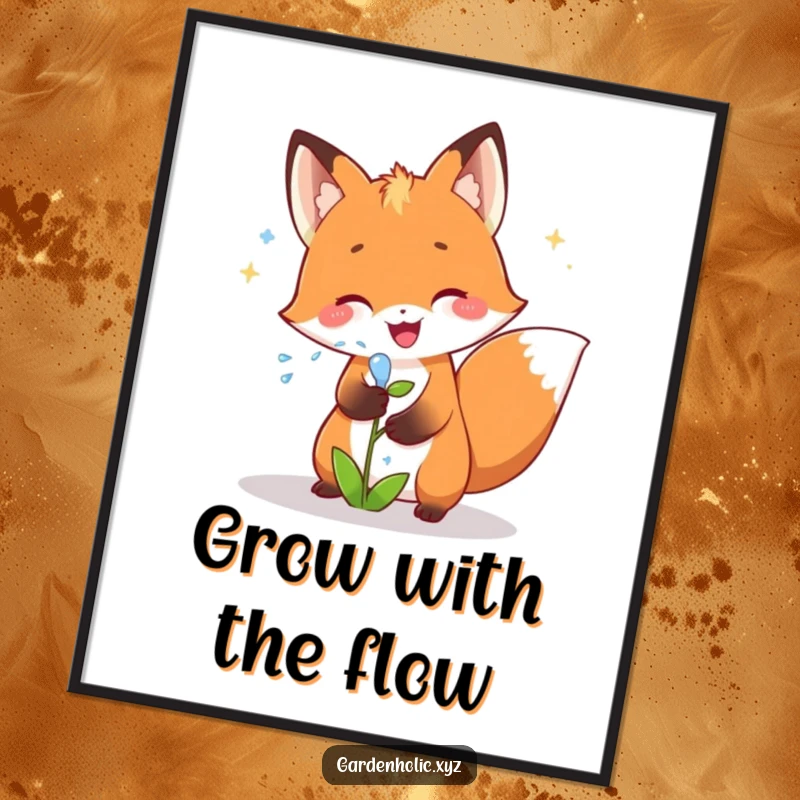 Funny Free Printable Wall Art: A joyful fox character showering a small plant with sparkling water.