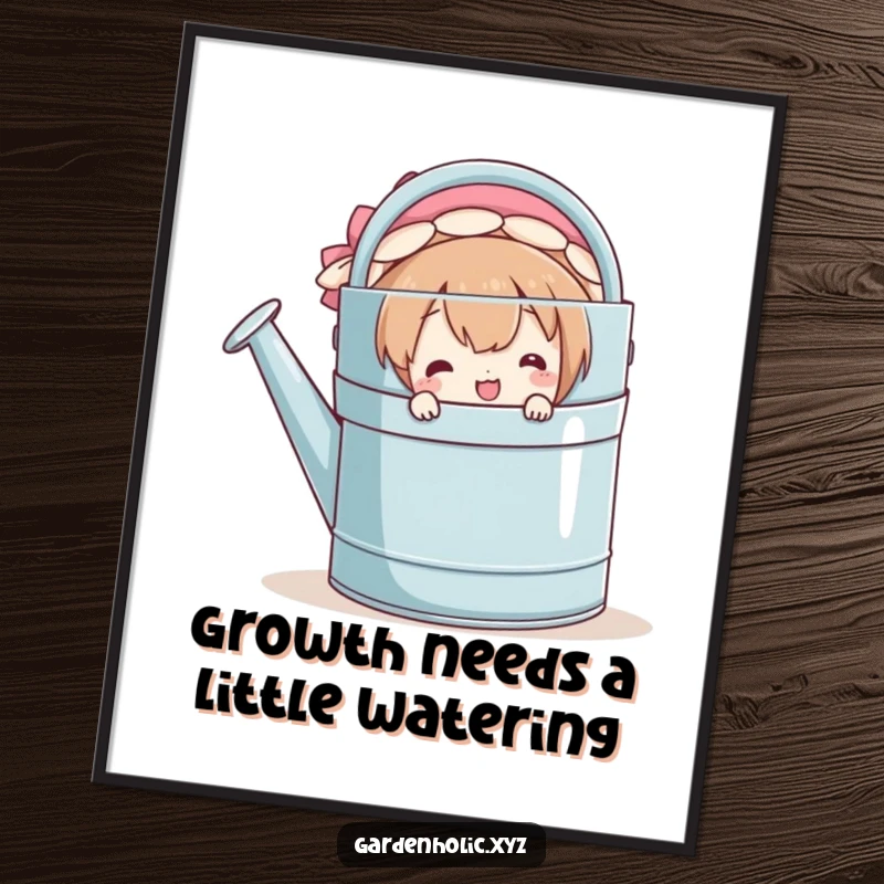 Funny Free Printable Wall Art: A happy character peeking from behind a comically large watering can, offering a friendly, shy smile.